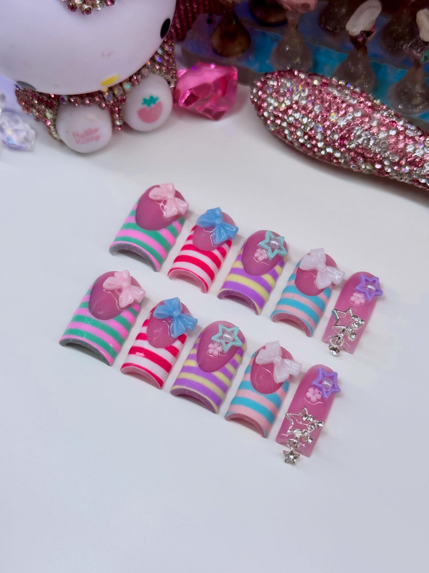 Acrylic Cute Flowers Bow & Stripes Press On Nails