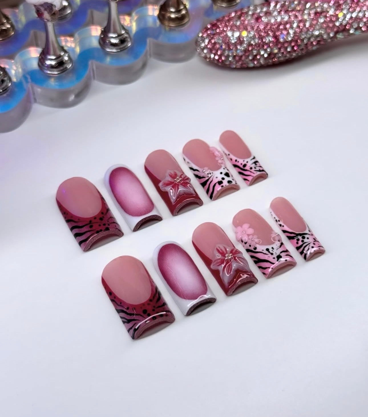 Acrylic French Tips 3D Flowers Pink Animal Print Press Ons