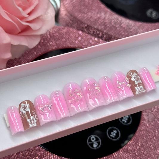 Y2k Pretty Press On Nails Acrylic Pink Bows Pearls & Flowers