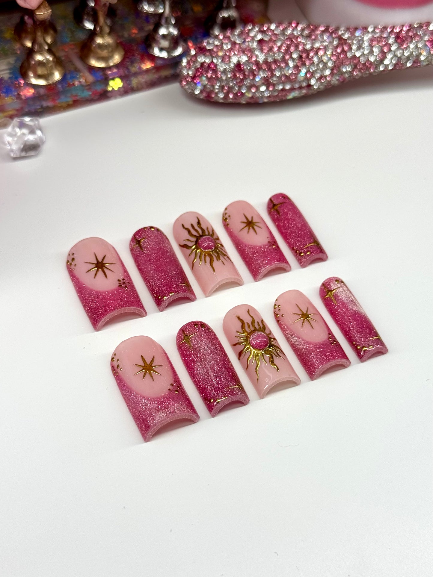 Acrylic French Tips Cat Eye Pink & Gold Chrome Press Ons