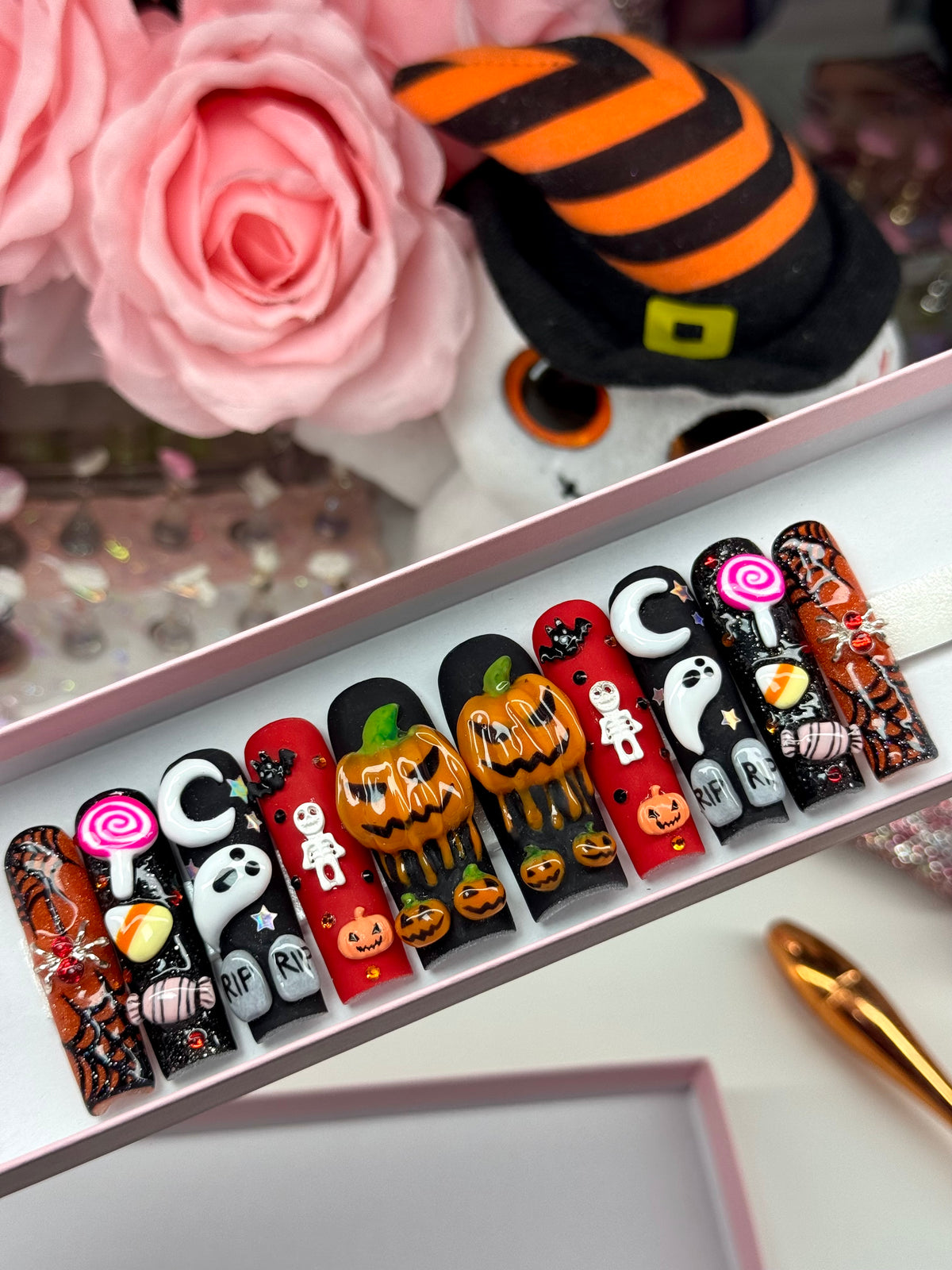 Acrylic Baddie French Tips Fall & Halloween Black Red 3D Spooky Nails
