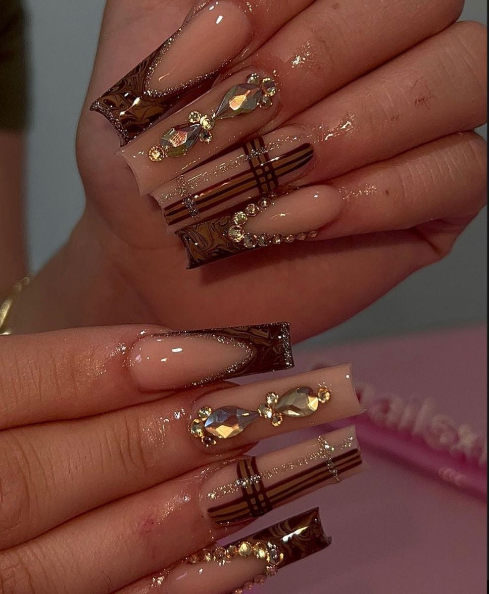 Acrylic Baddie Brown Fall/Autumn Bling Press On Nails