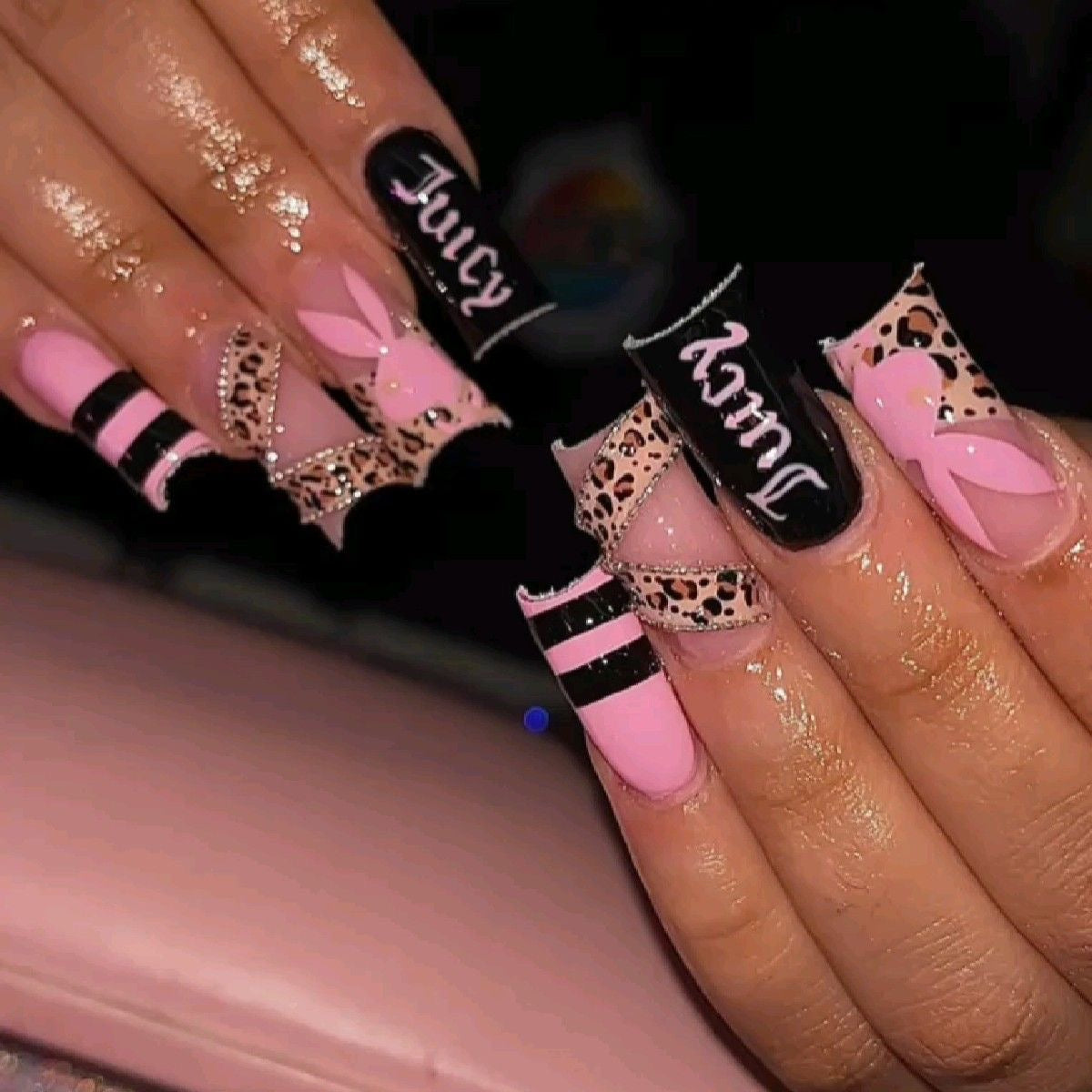 Acrylic Baddie Juicy Playboy Press On Nails Pink & Black