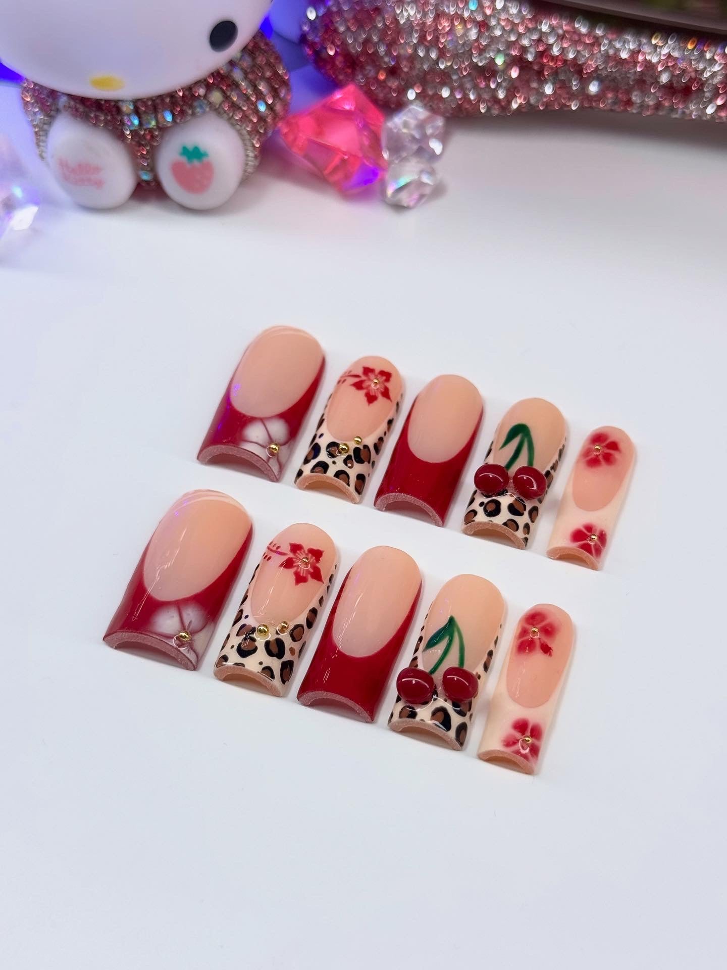 Acrylic Press On Nails Pretty 3D Cherry Red French Tips