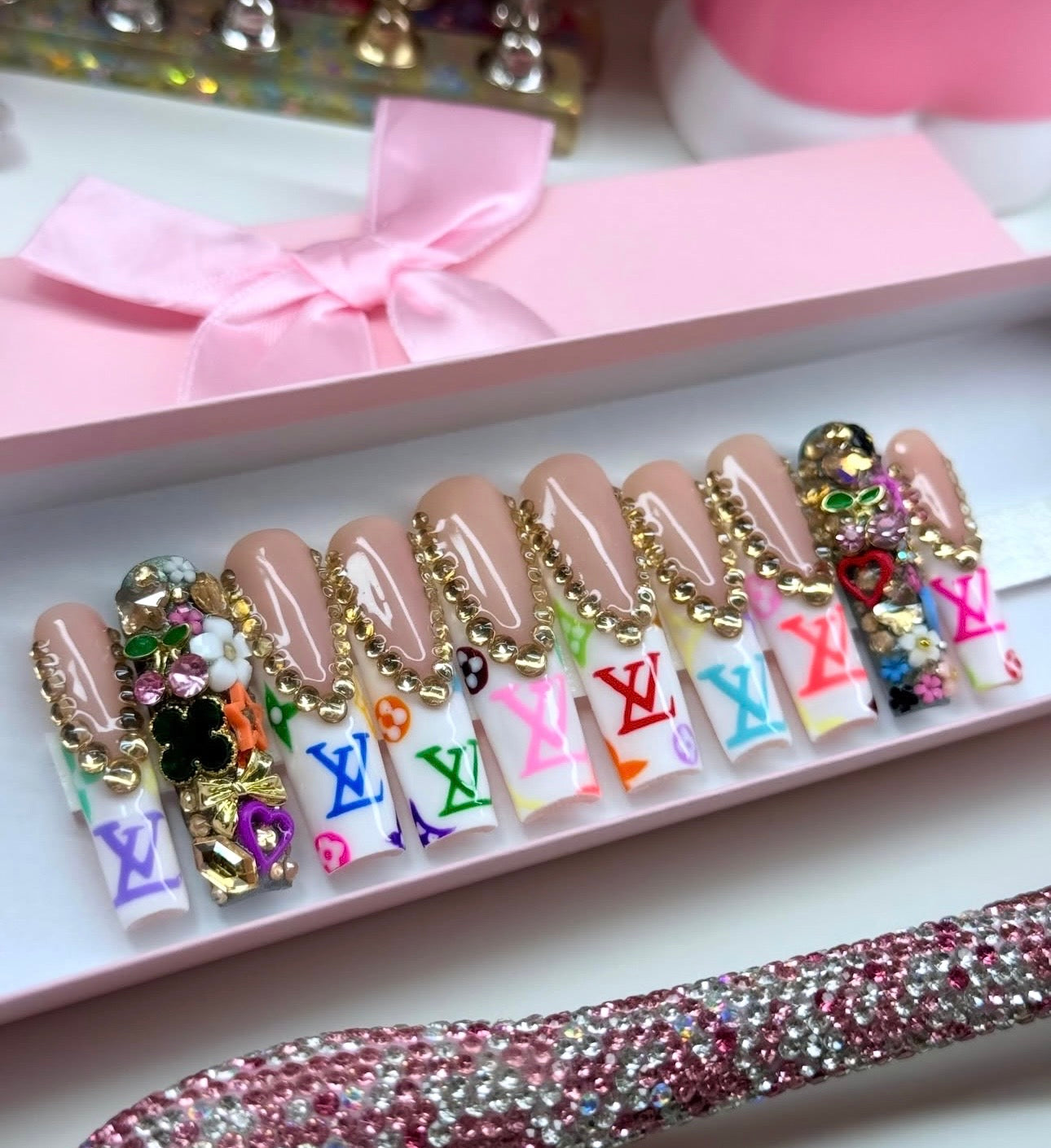 Y2K White Frenchies Colorful LV Acrylic Press On Nails