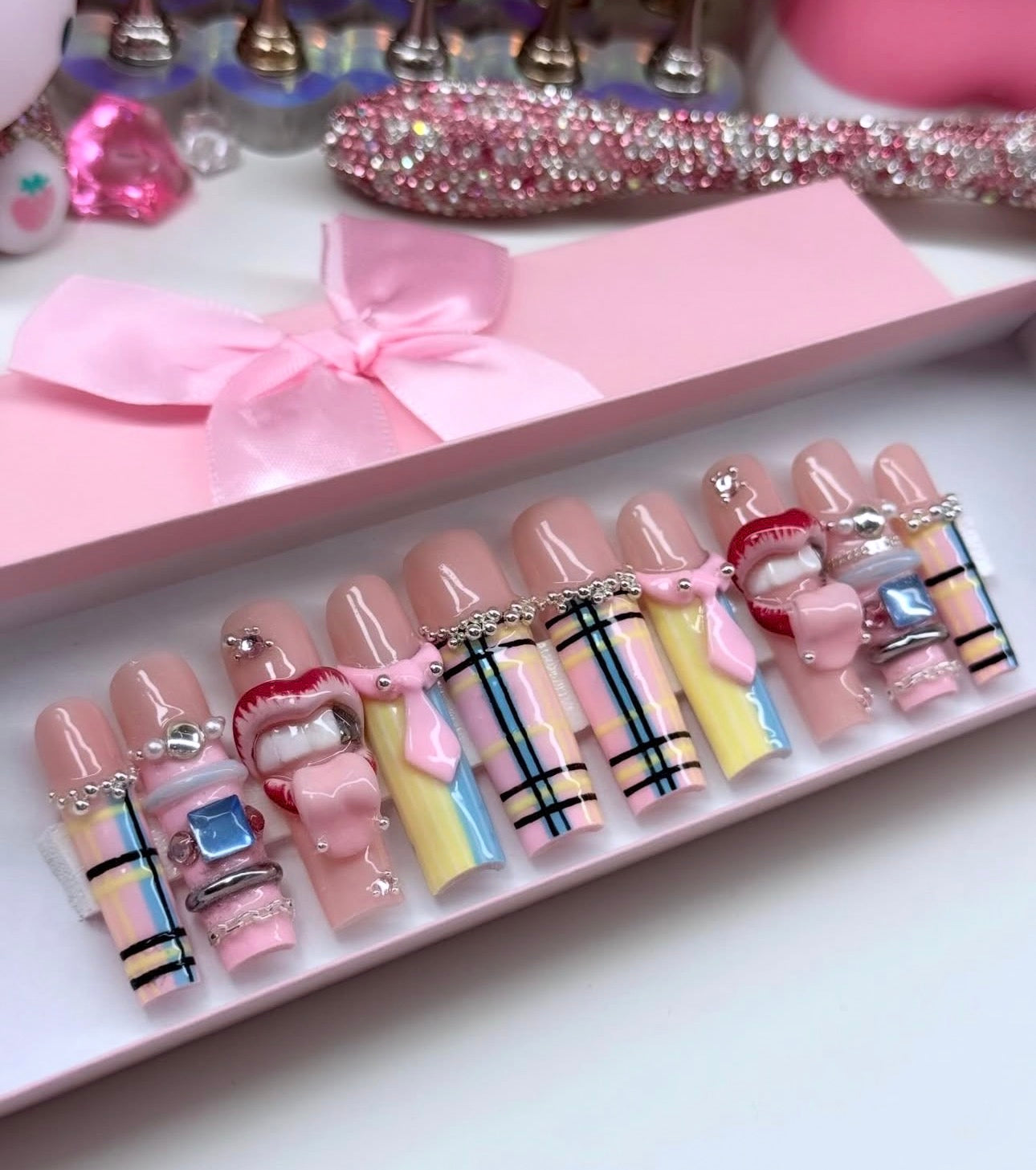 Acrylic Cute Baddie Cardi B Plaid Inspired 3D Press On Nails