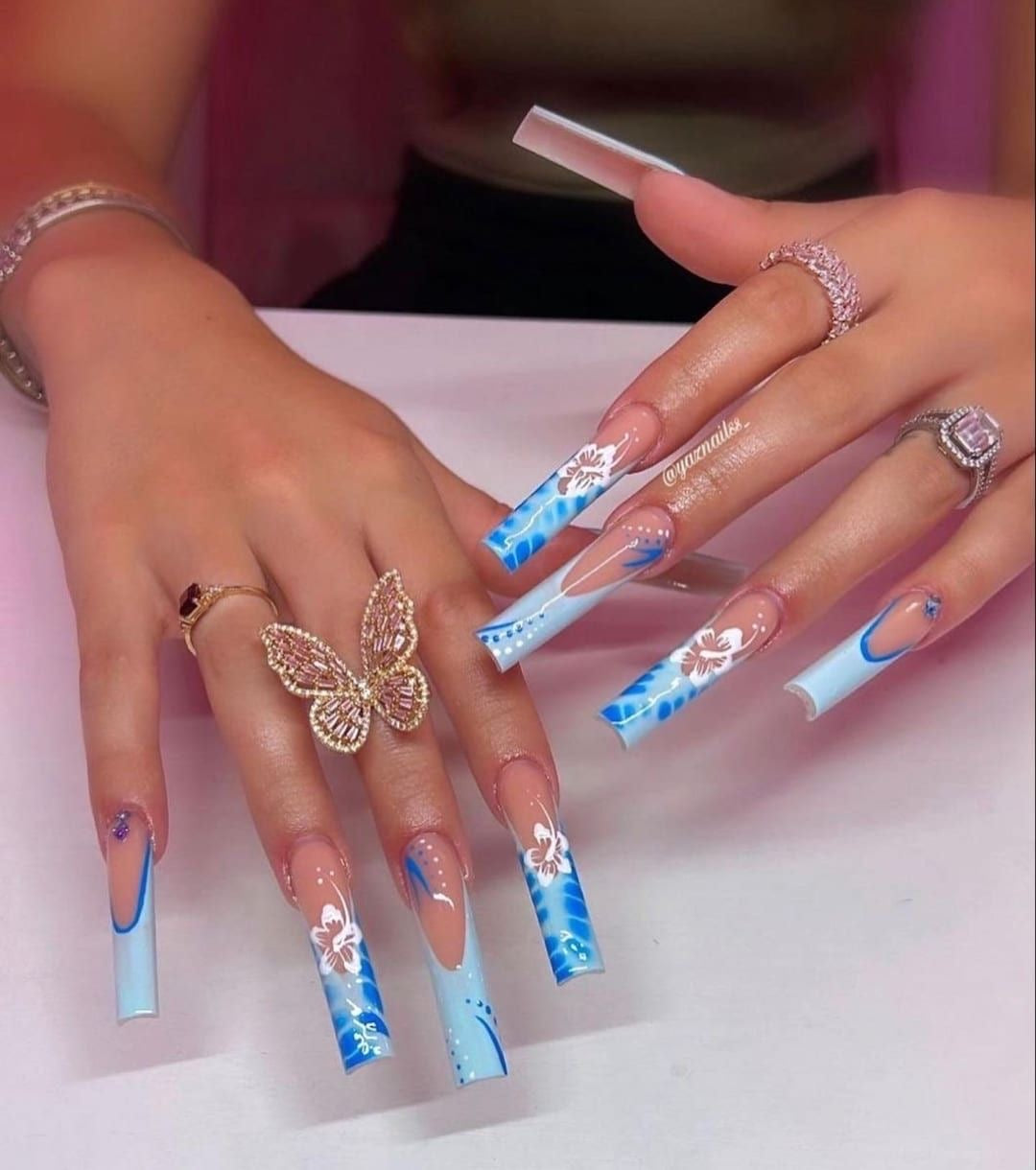 Luxury Acrylic Hibiscus Baddie Blue Spring French Tip Press On Nails