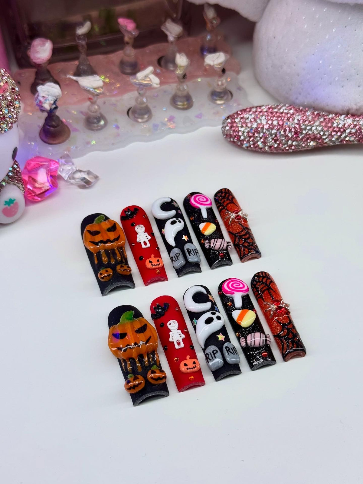 Acrylic Baddie French Tips Fall & Halloween Black Red 3D Spooky Nails