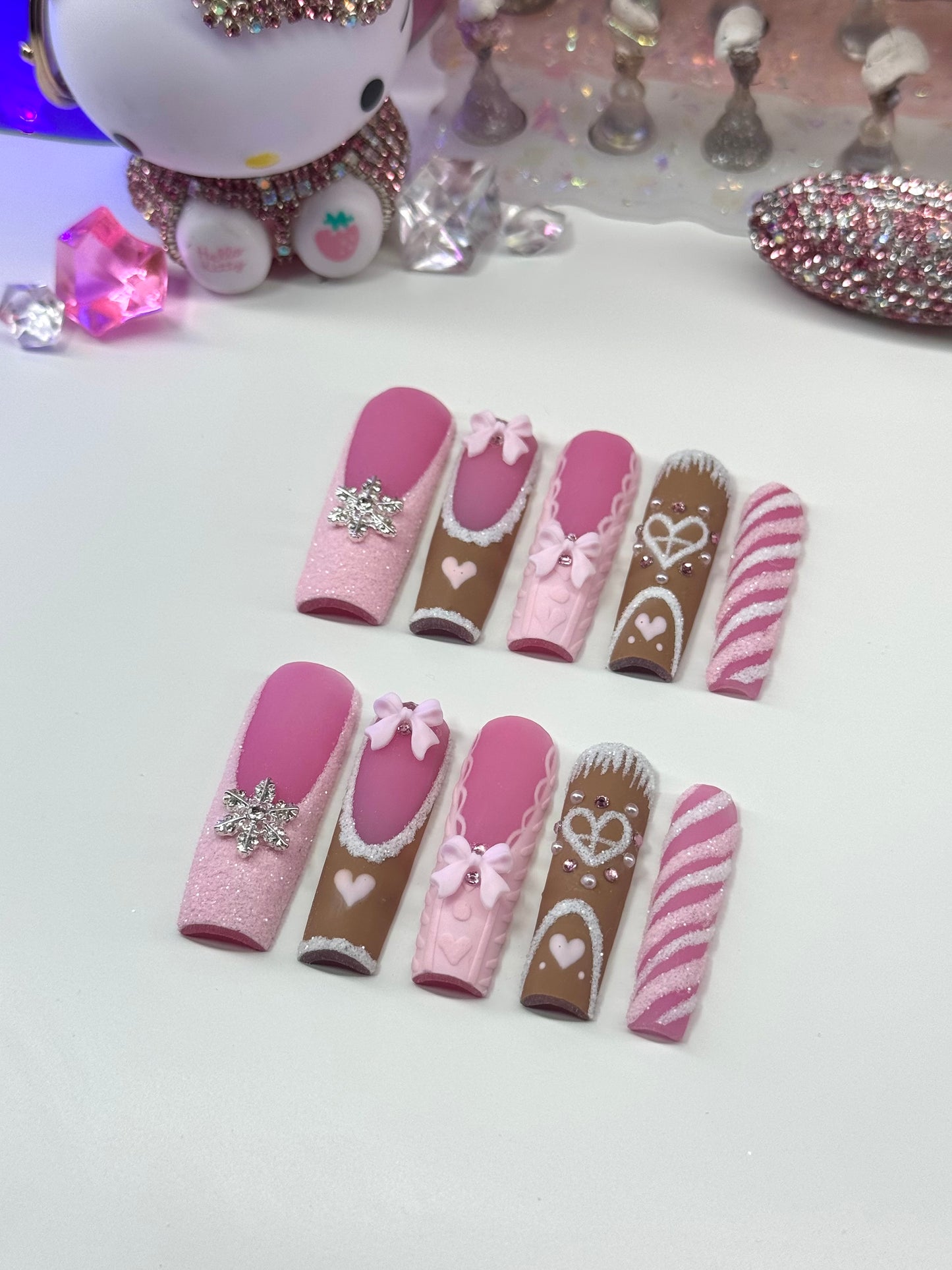 Acrylic Baddie Christmas Gingerbread House Pink Press On Nails