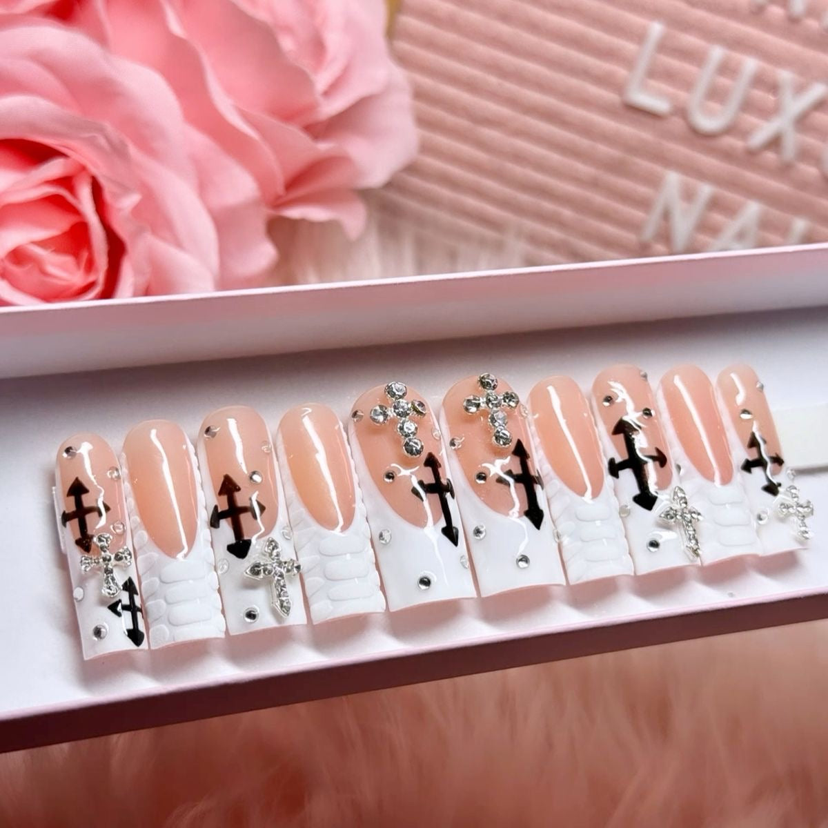 Y2K White Frenchies & Crosses Acrylic Baddie Press On Nails