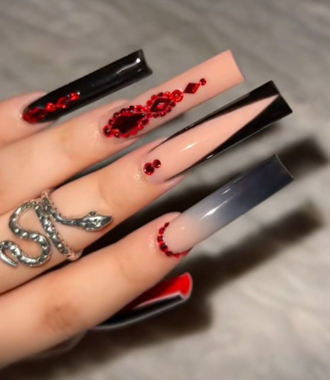 Rhinestones Red & Black Acrylic French Tip Press On Nails