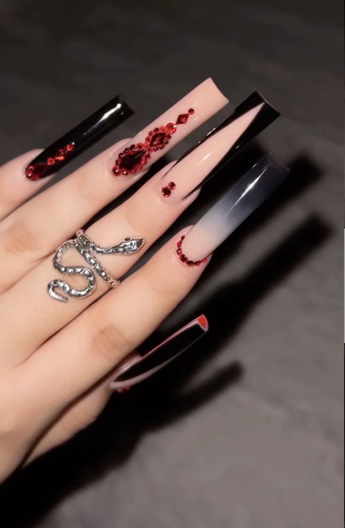 Rhinestones Red & Black Acrylic French Tip Press On Nails