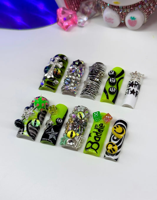 Acrylic Cute Baddie Press On Nails Black & Green 3D Stargirl