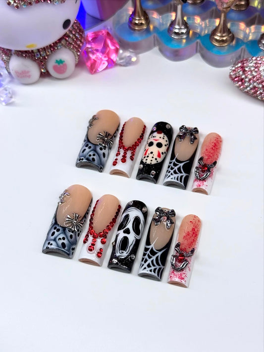 Acrylic Baddie Black & Red Spooky/Horror Acrylic Press On Nails