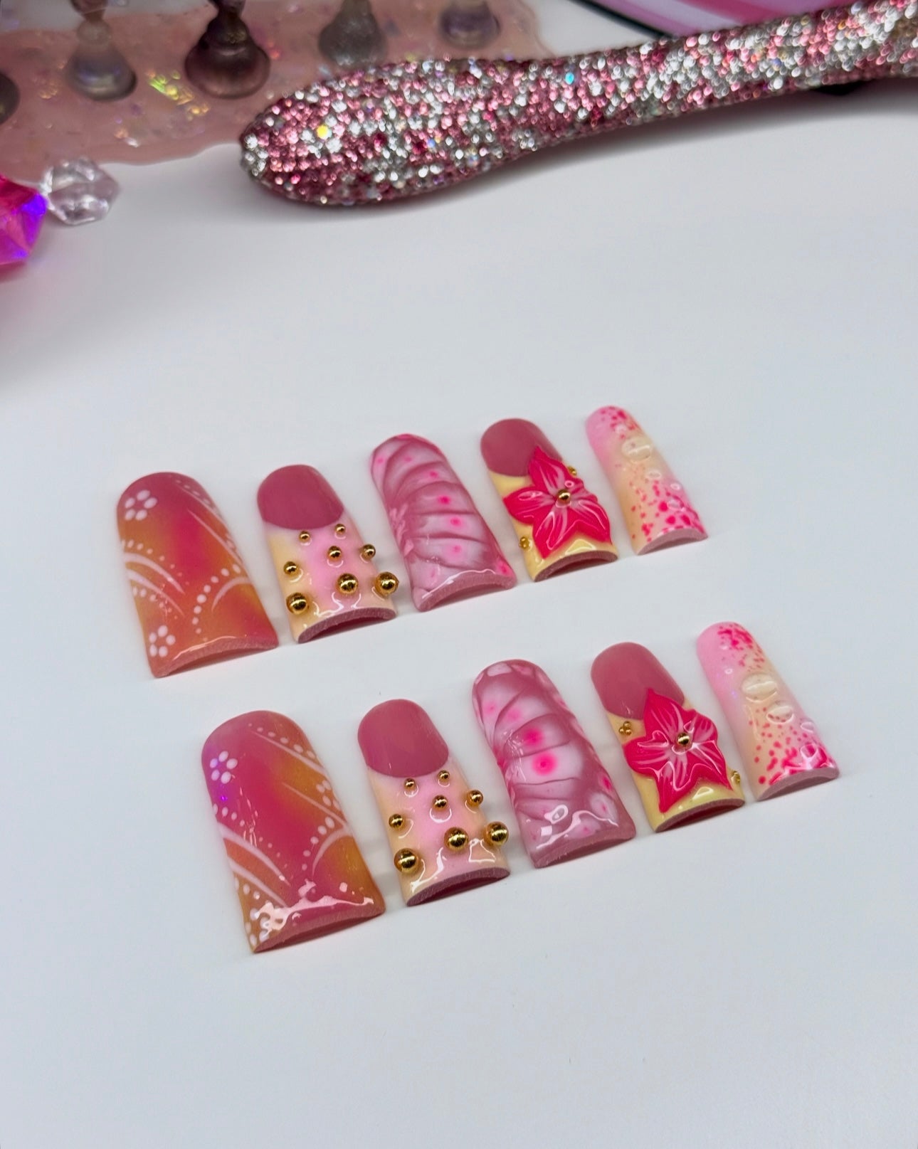 Floral Pink & Yellow 3D Acrylic Press On Nails