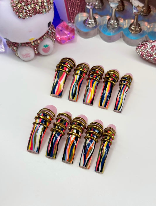 Acrylic Cute Baddie Colorful Coogi Print & Gold 3D Press On Nails