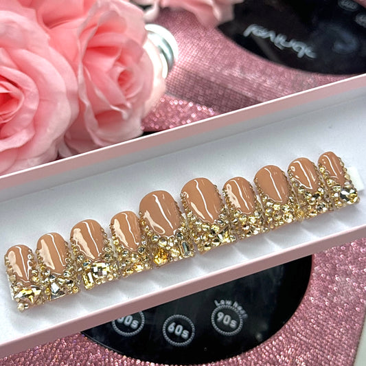 Cute French Tips Gold Bling Acrylic Press On Nails
