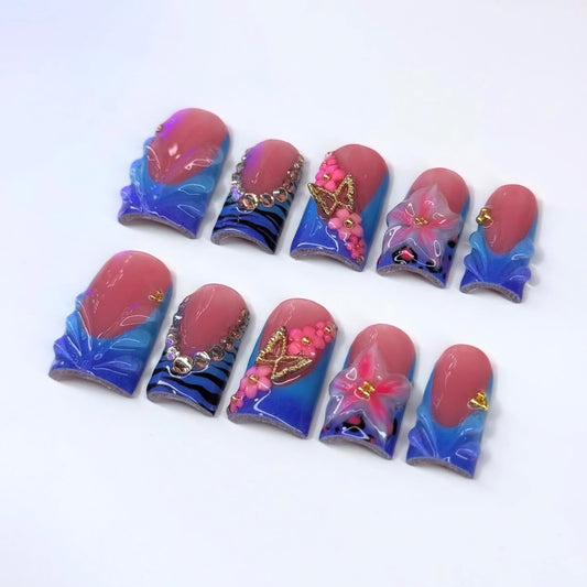 Acrylic Luxury Baddie Blue Press On Nails 3D Flowers