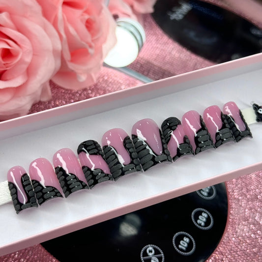 Y2K Pretty Acrylic Cute Crocodile Print Pink Black Press On Nails