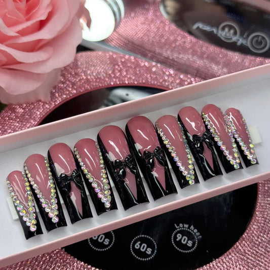 Coquette Press On Nails Black Acrylic French Tips Bows & Bling