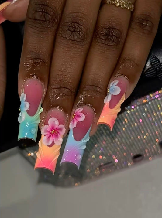 Acrylic Baddie French Tips Pastel Spring Floral Press On Nails