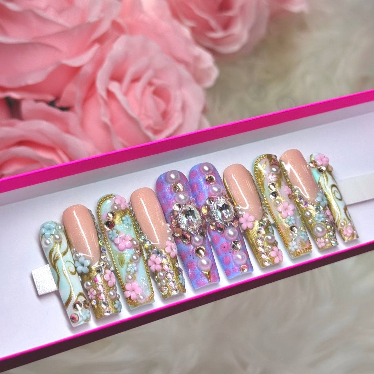 Luxury Press Ons Ethereal Fairy Acrylic Pastel Spring Pink Flowers