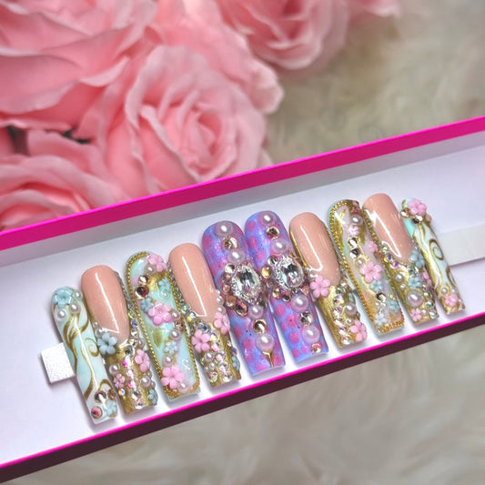 Luxury Press Ons Ethereal Fairy Acrylic Pastel Spring Pink Flowers