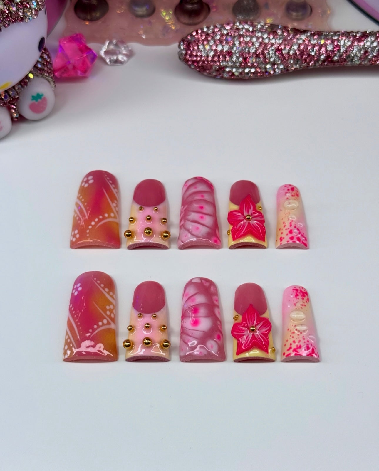 Floral Pink & Yellow 3D Acrylic Press On Nails