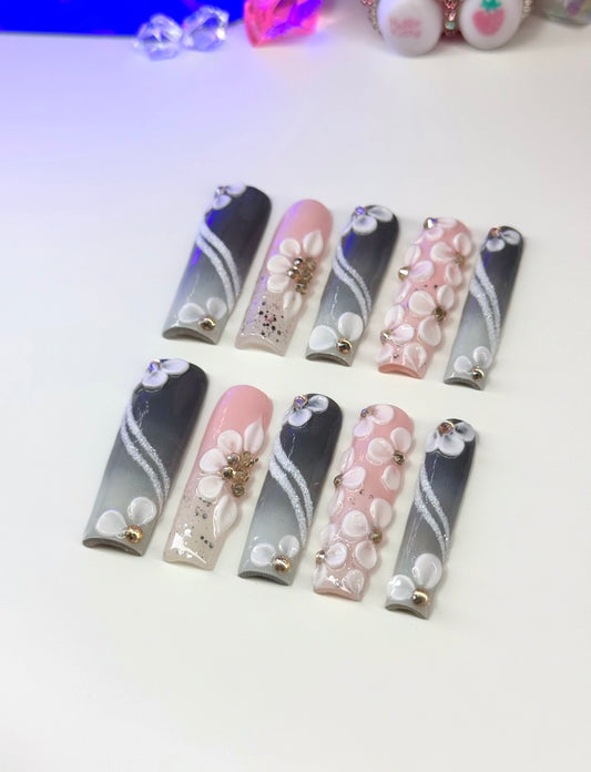 Acrylic Press On Nails Pretty Cute Gray 3D Flowers & Bling