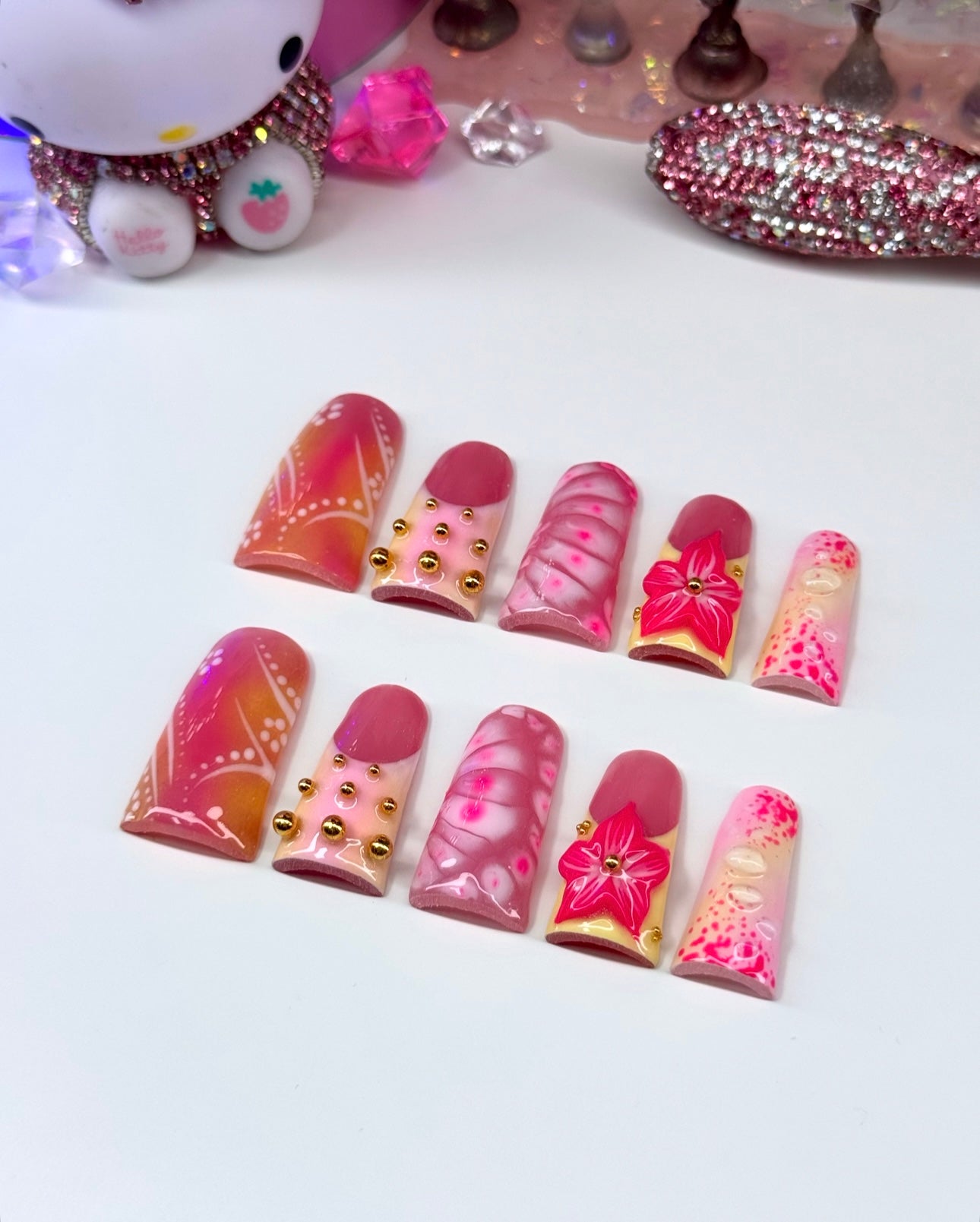 Floral Pink & Yellow 3D Acrylic Press On Nails