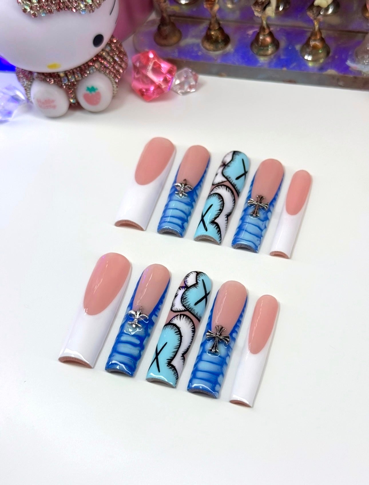Acrylic Luxury Baddie Blue White Press On Nails Kaws