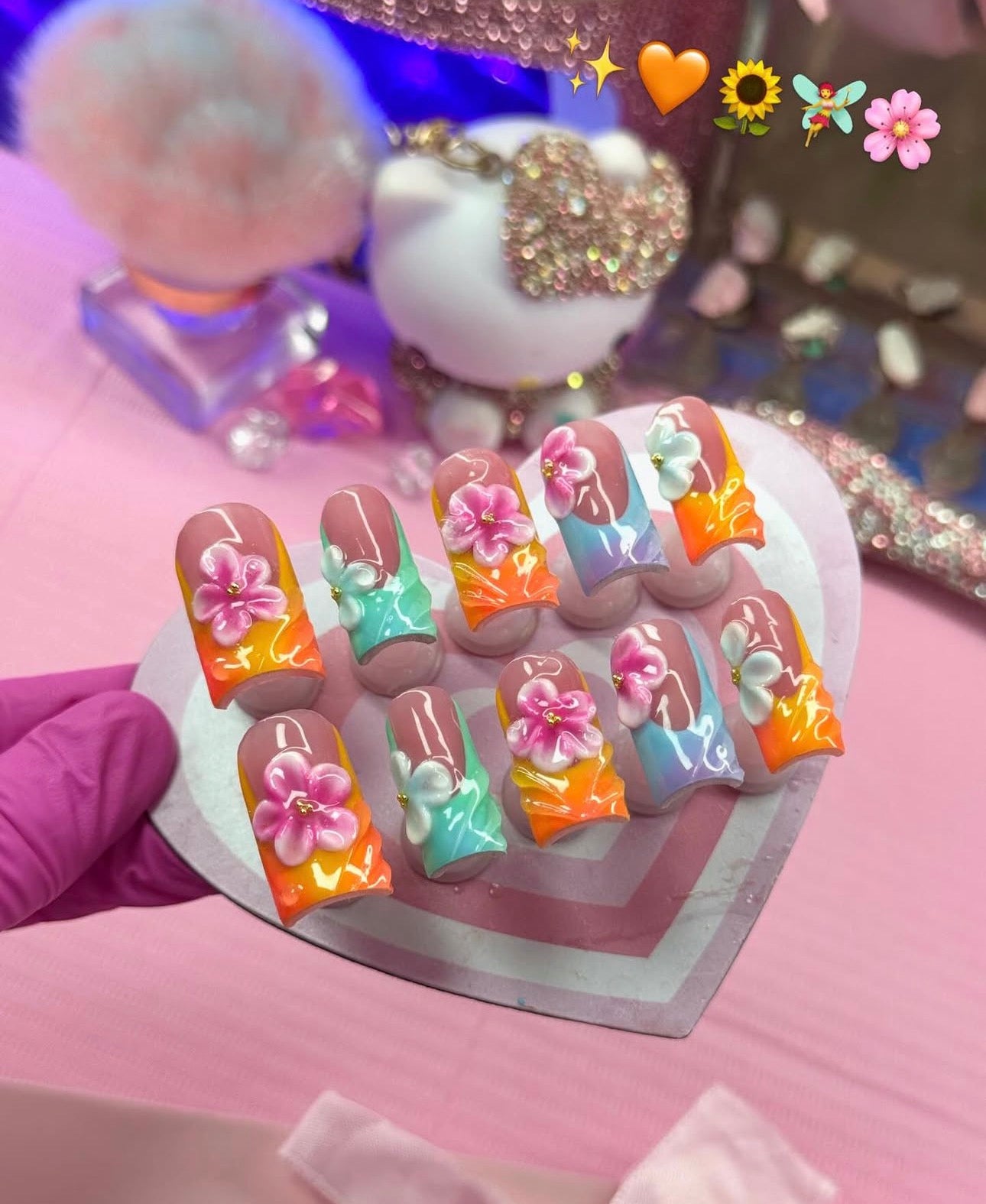 Acrylic French Tips Cute Colorful Floral Press On Nails