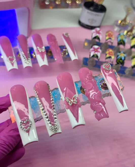 Y2K White French Tips Pink Acrylic Press On Nails & Bling