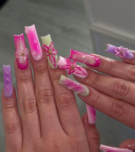 Acrylic Cute Baddie Colorful Press On Nails & 3D Flowers