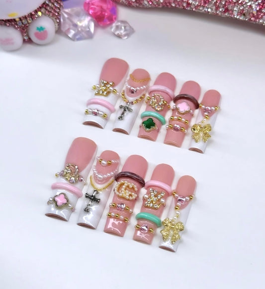 Acrylic Luxury Baddie Jewelry 3D White French Tips
