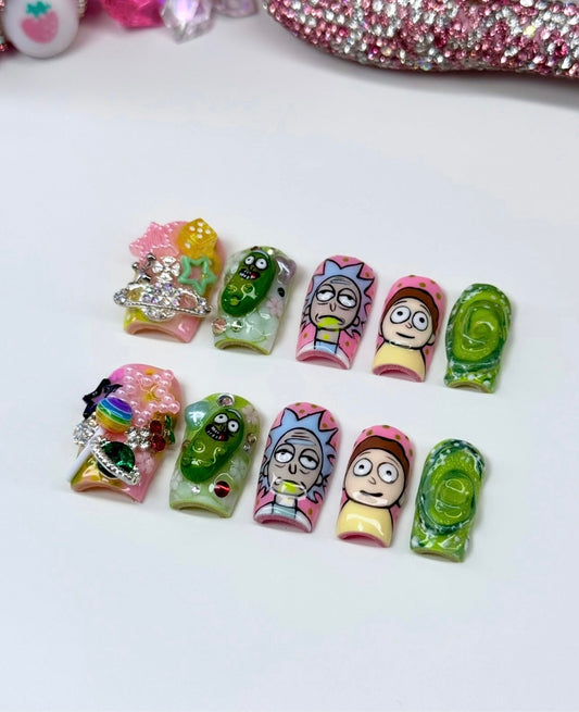 Y2K Rick & Morty Acrylic Junkie 3D Bling Press On Nails