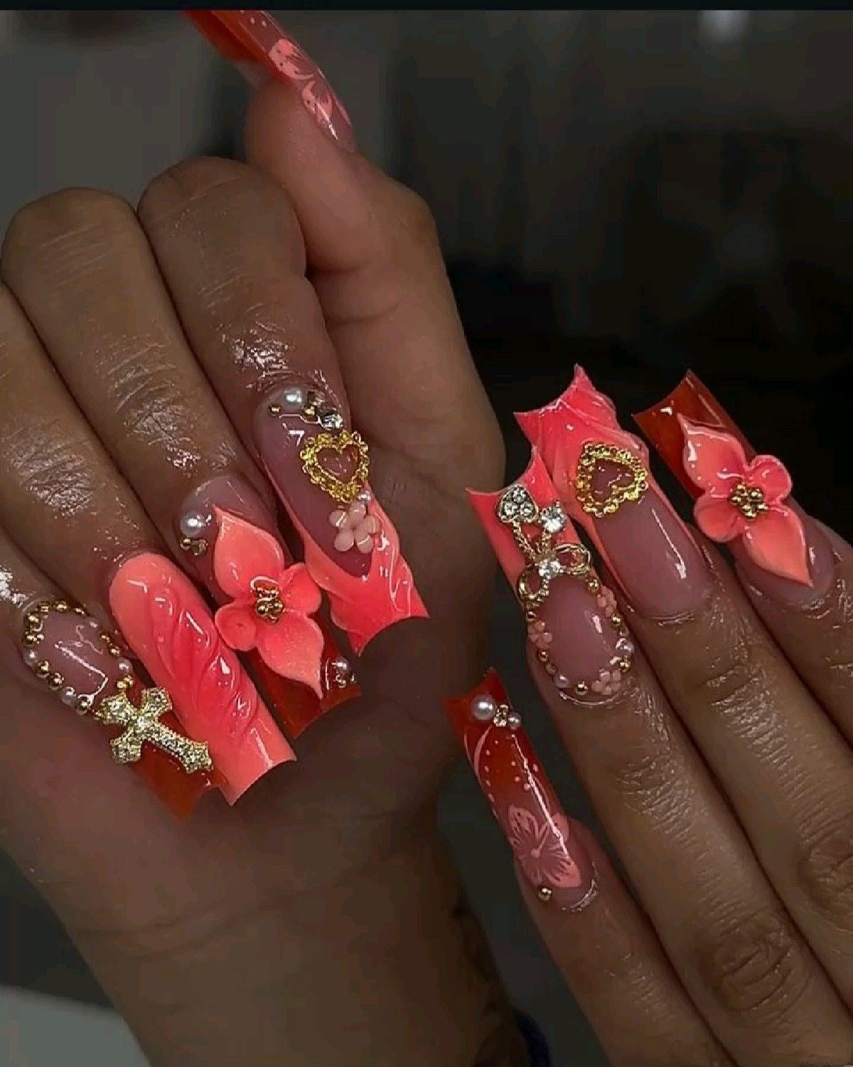 Acrylic Baddie French Tips Bling Coral 3D Flower Press On Nails