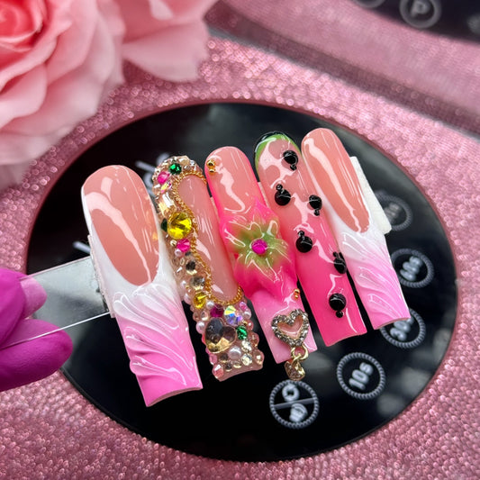 Acrylic Press On Nails 3D Watermelon Flowers French Tips