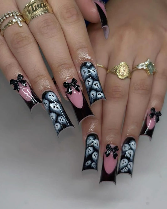 Acrylic Halloween Press On Nails Cute Ghosts Black Bows