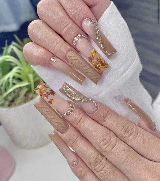 Acrylic Cute Fall Autumn Light Brown Press On Nails