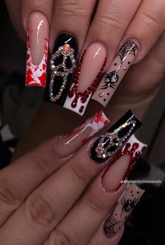Acrylic Baddie French Tips Fall & Halloween Bloody Ghost Nails