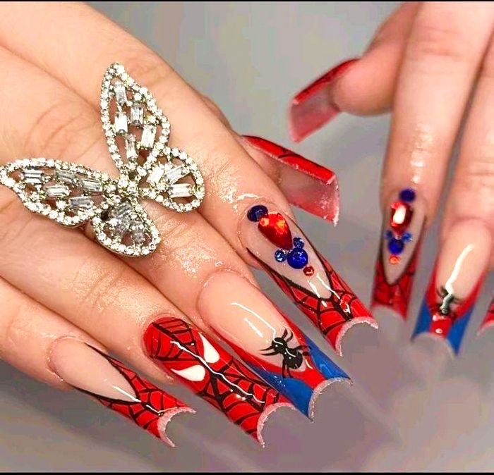 Acrylic Baddie French Tips Fall & Halloween Spiderman Nails
