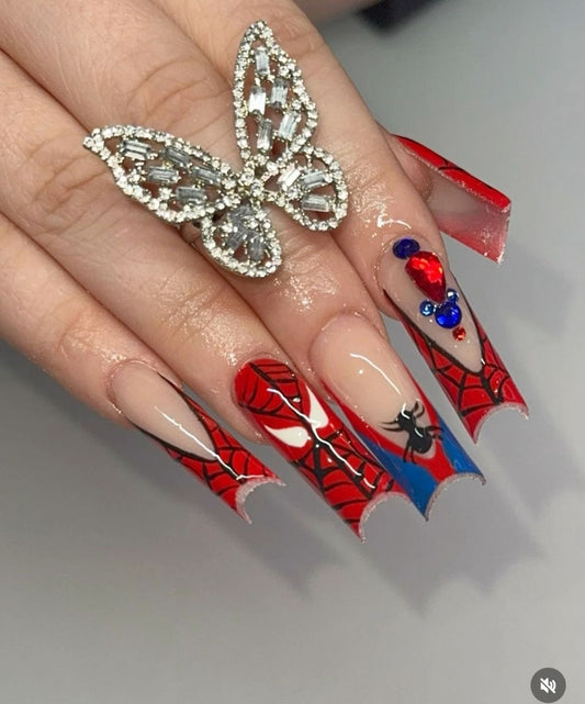 Acrylic Baddie French Tips Fall & Halloween Spiderman Nails