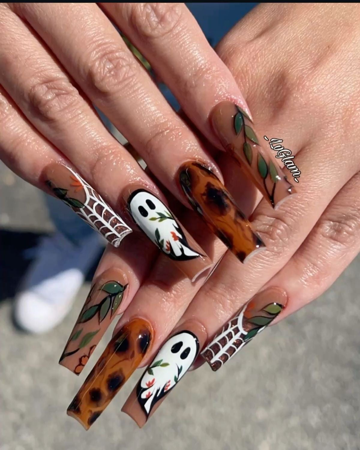 Acrylic Fall Autumn Press On Nails Cute Halloween Ghosts