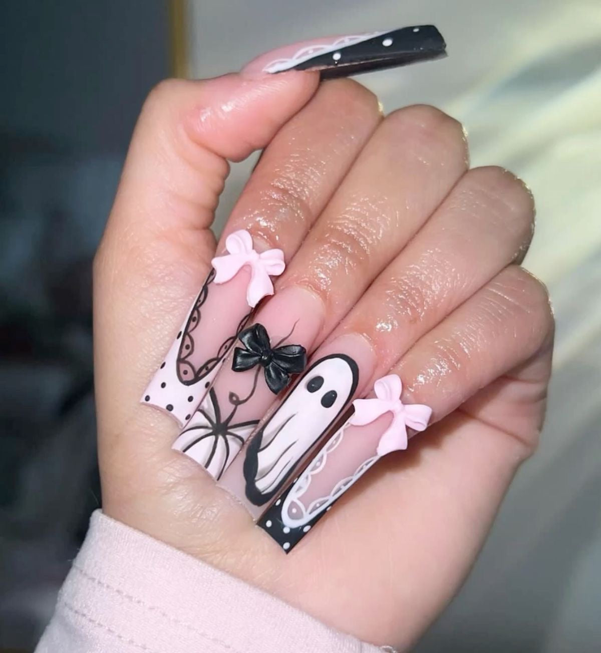 Acrylic Baddie French Tips Fall Halloween Pink Matte Nails