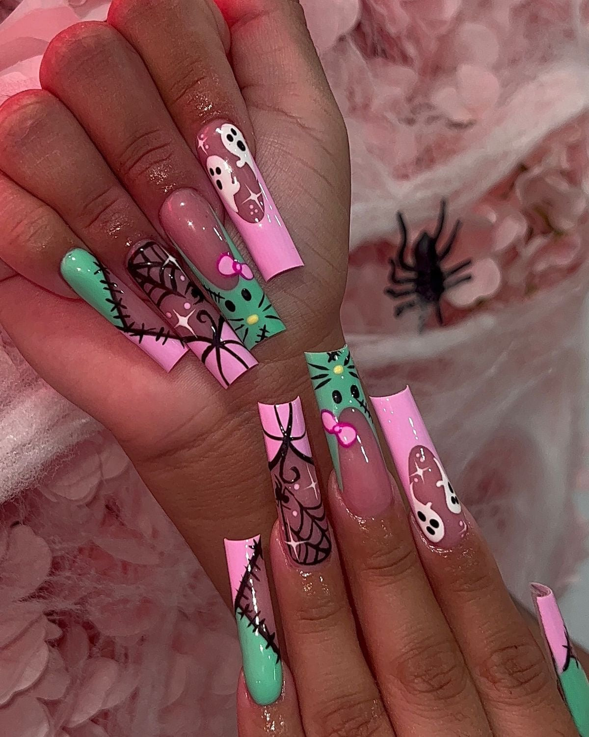 Acrylic Cute & Spooky Pink Green Halloween Press On Nails