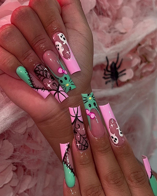 Acrylic Cute & Spooky Pink Green Halloween Press On Nails