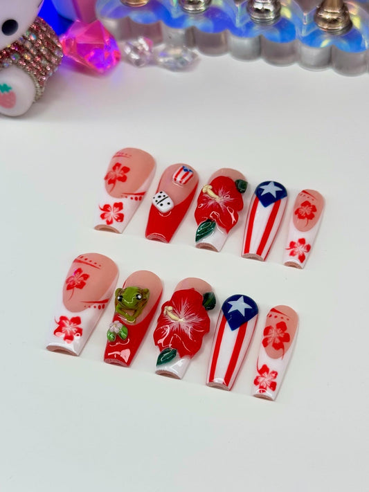 Baddie Acrylic Flowers Puerto Rico Inspired 3D Press On Nails