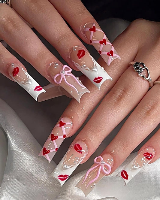 Acrylic Baddie Cute Valentines Day  White Press On Nails