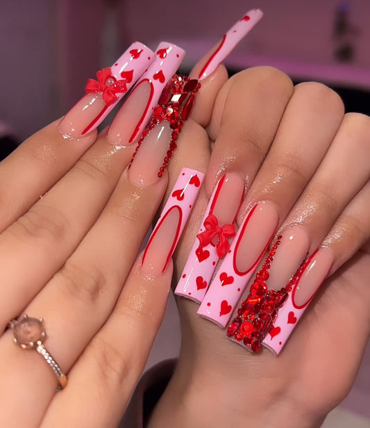 Acrylic Cute Baddie Hearts Valentines Day Pink Press On Nails